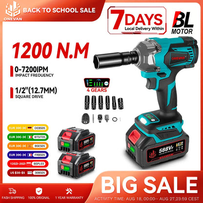 ONEVAN 1200N.M Brushless Cordless Electric Impact Wrench 1/2" | 3-in-1 Power Tool with Drill & Screwdriver Function – For Makita 18V Battery