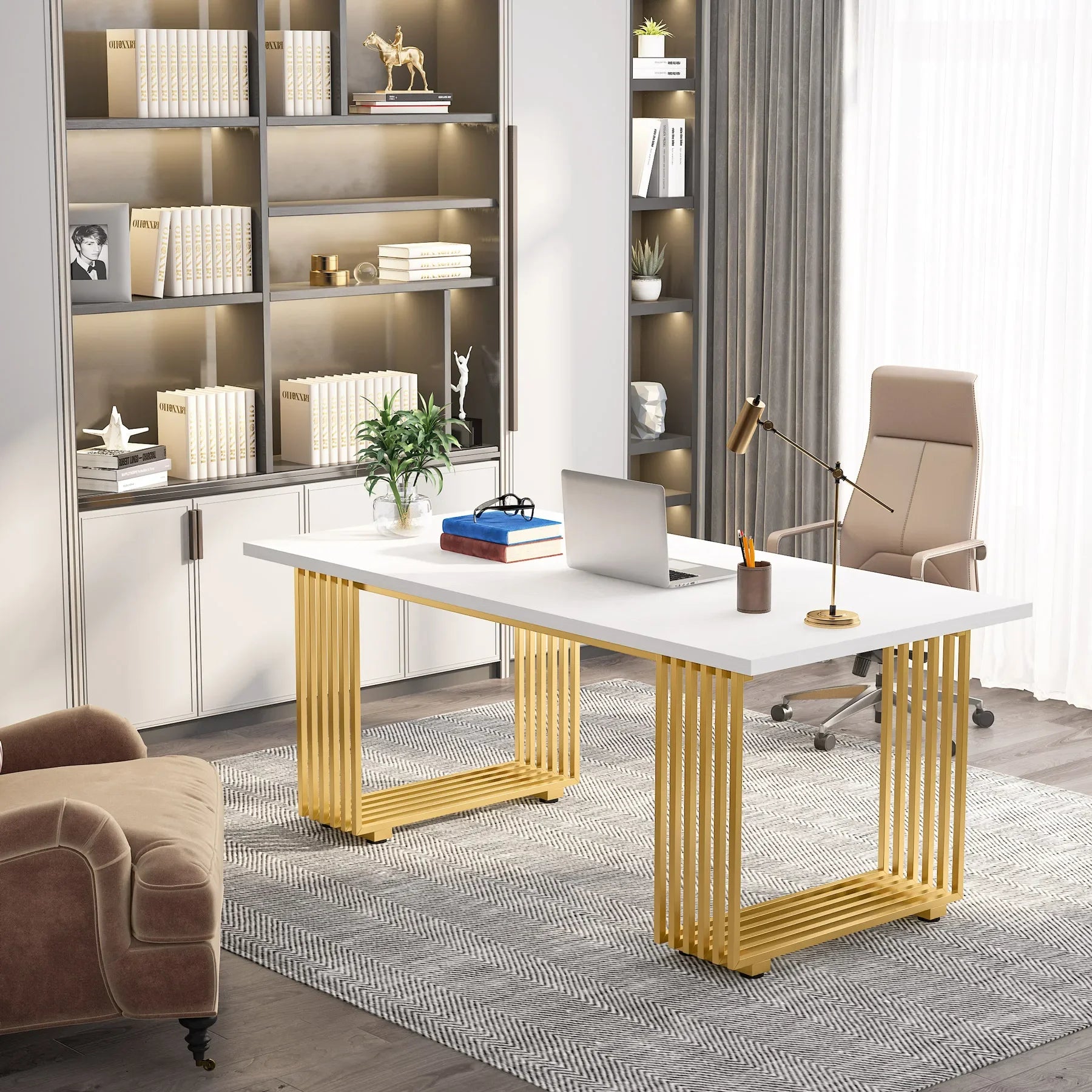Modern Office Desk, 70.9" Wooden Computer Desk,Executive Desk with Gold Metal Legs, Large Workstation Home Office