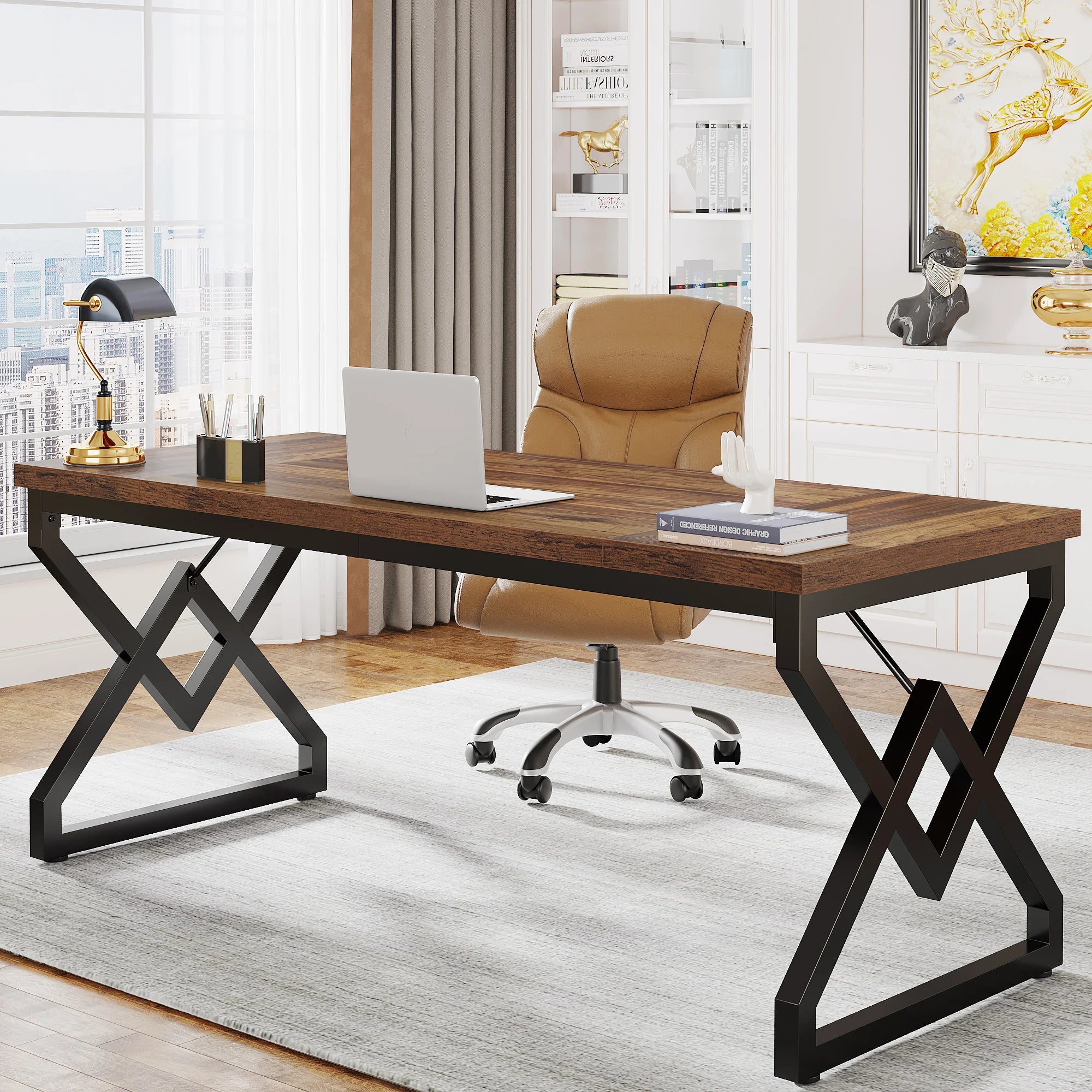 63" Large Industrial Executive Desk with Extra Thickened Tabletop & Metal Frame, Heavy-Duty Home Office Desk