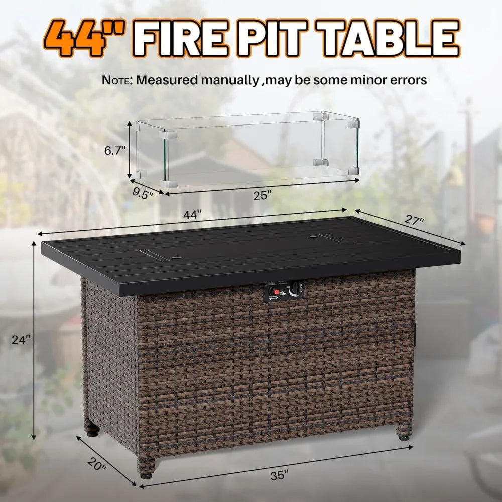44 Inch Propane Fire Pit, 50000 BTU Fire Pit Table with Glass Wind Guard and Lid, Gas Fire Pits for Outside Patio and Garden