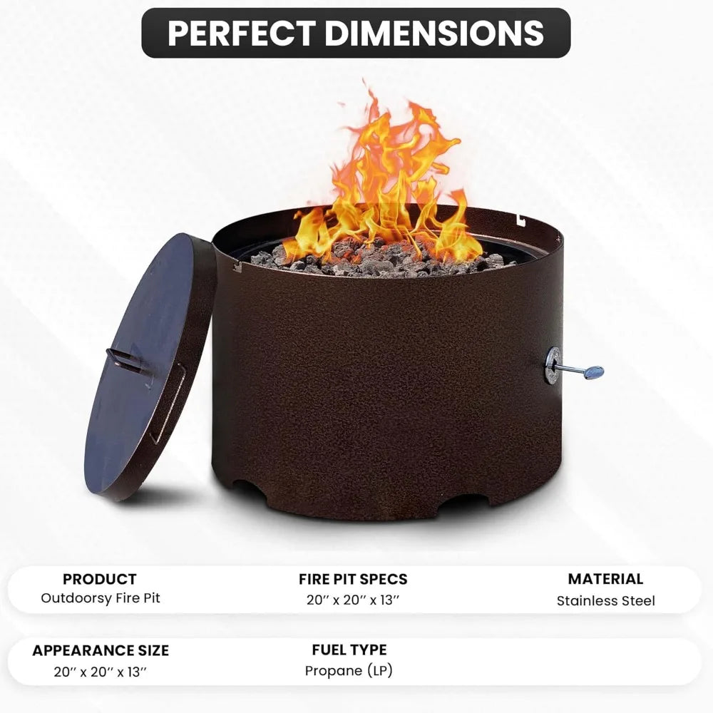 "20" Heavy-Duty Propane Fire Pit - Solid Steel with Lid, Portable for Camping & Outdoor Recreation"