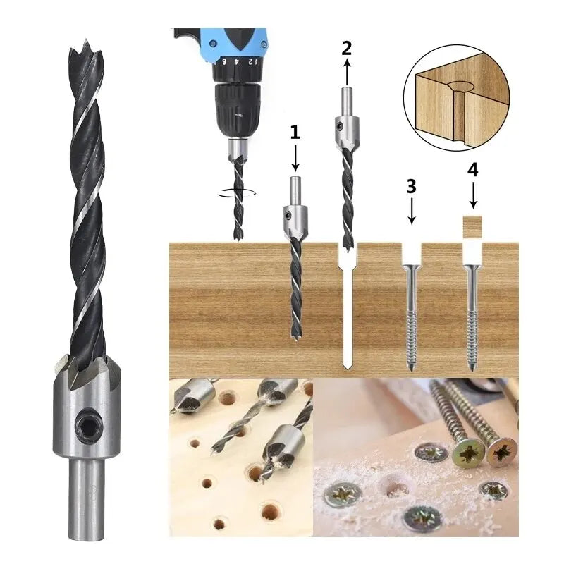 4PC Three-Pointed Woodworking Counterbore Drill Set – 3mm to 6mm High Carbon Steel Reaming & Chamfering Hole Opener Bits