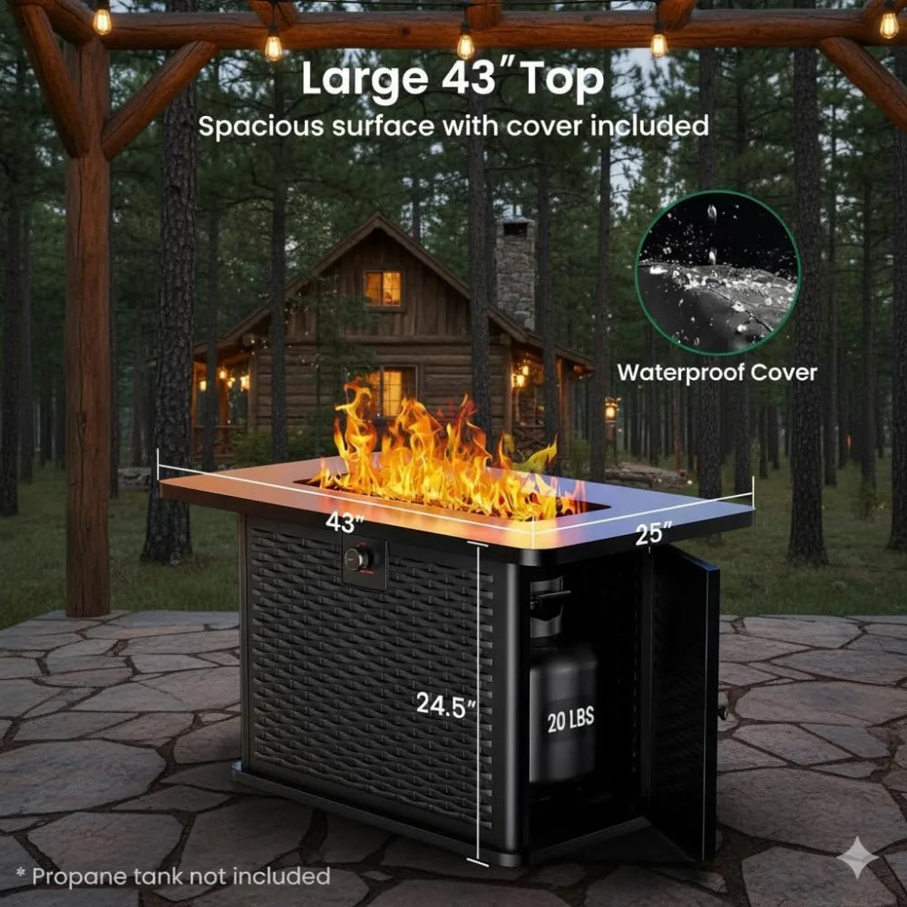 Rectangular Propane Fire Pit Table - 60,000 BTU, 2-in-1 Design, 304 Stainless Steel H-Burner, Included Cover & Lava Rocks