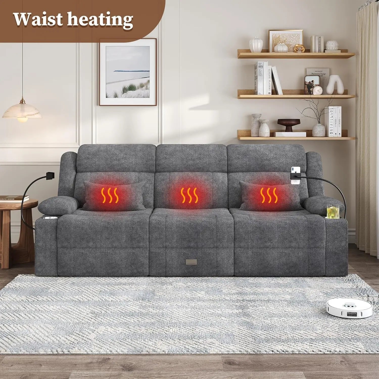 Home Theater Seating，RV Reclining Sofa Set with Adjustable Headrest， Recliner Sofa with Heat and USB&Type-C, Dawer