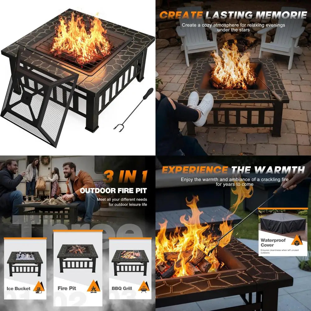 32" metal outdoor fire pit table with waterproof cover for patio and camping (bronze)