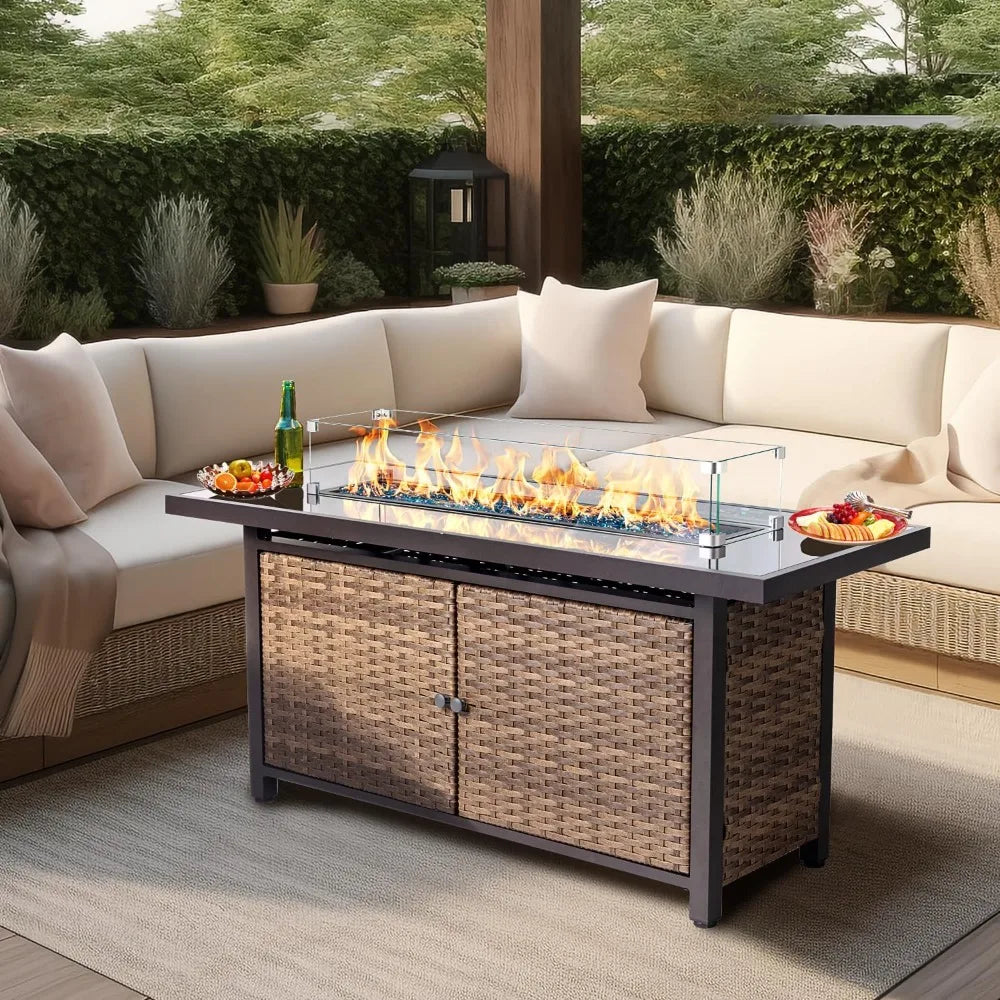 52 Inch Outdoor Propane Gas Fire Pit Table, 50000 BTU Rectangle Propane Fire Pit with Glass Wind Guard, Tempered Glass Top and W