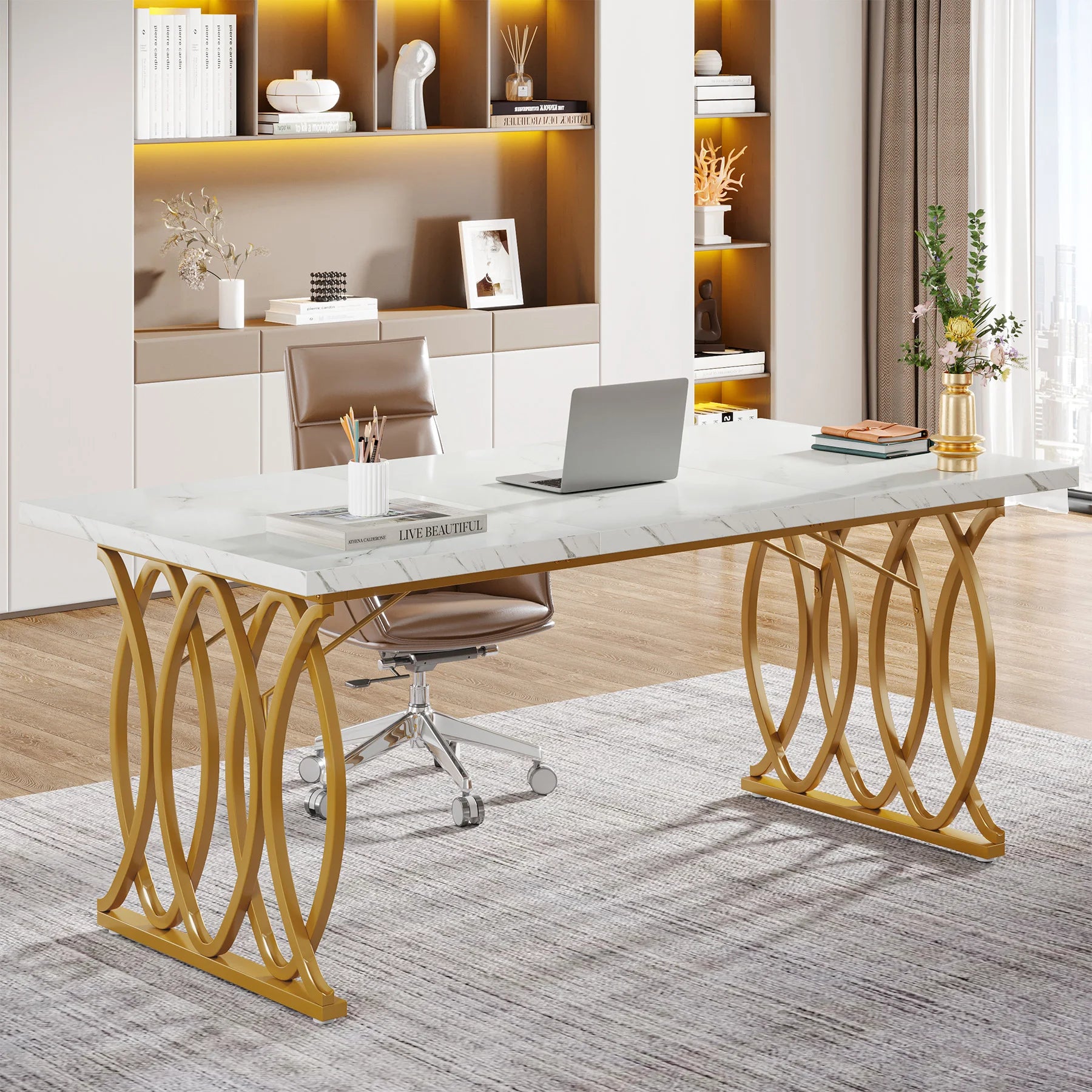 Modern Office Desk, 70.9" Wooden Computer Desk,Executive Desk with Gold Metal Legs, Large Workstation Home Office