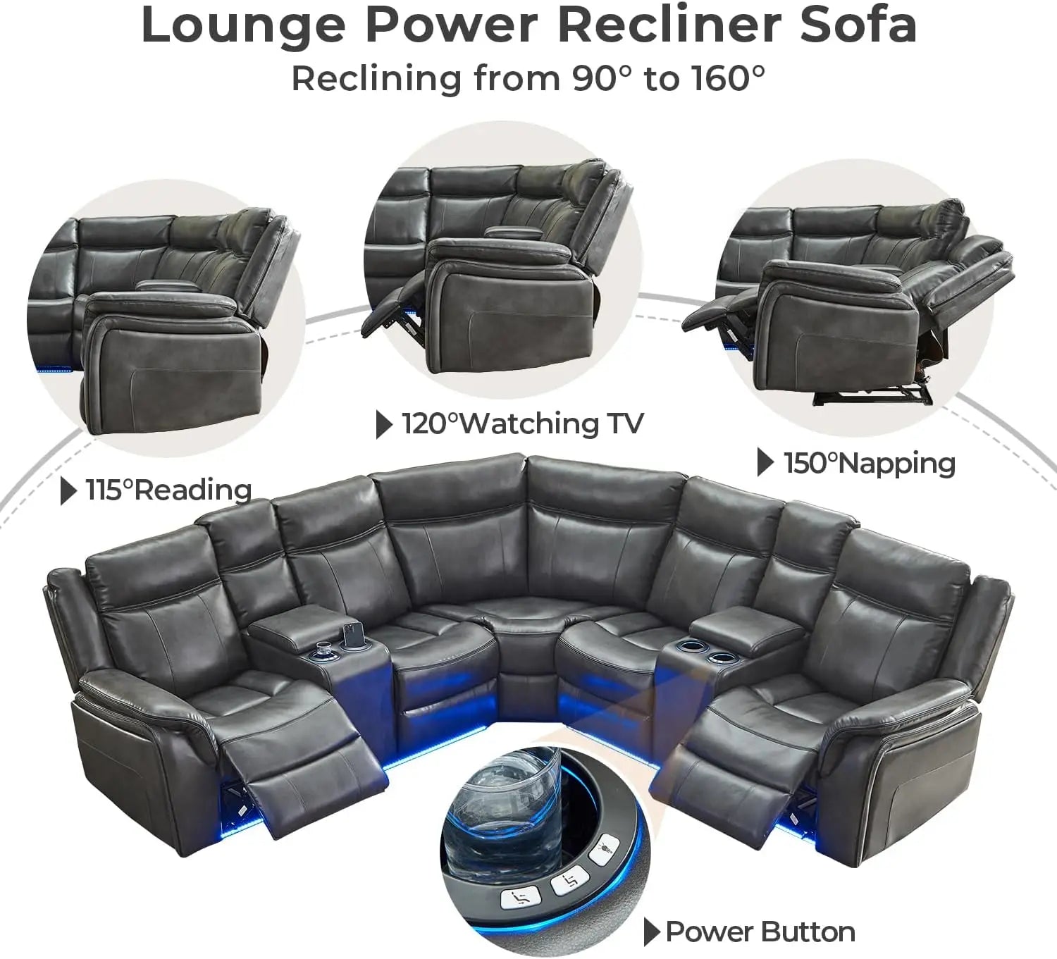 Power Recliner Sectional Sofa with LED Lights, USB, Cup Holders Storage Console Faux Leather Wall Hugger Living Room Couch