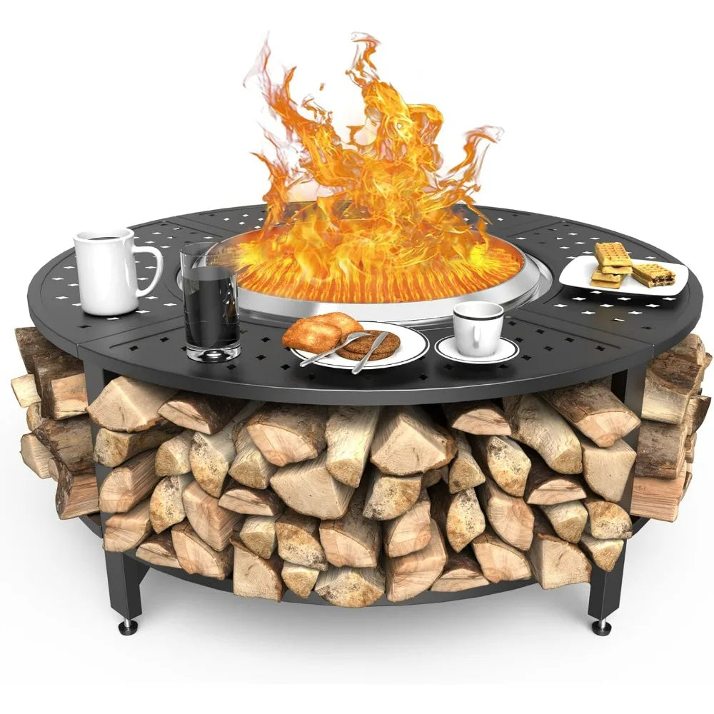 48" Fire Pit Surround Tabletop for Solo Stove Yukon/Bonfire & Tiki, Powder-Coated Steel Surround Table with Firewood Storage Sh