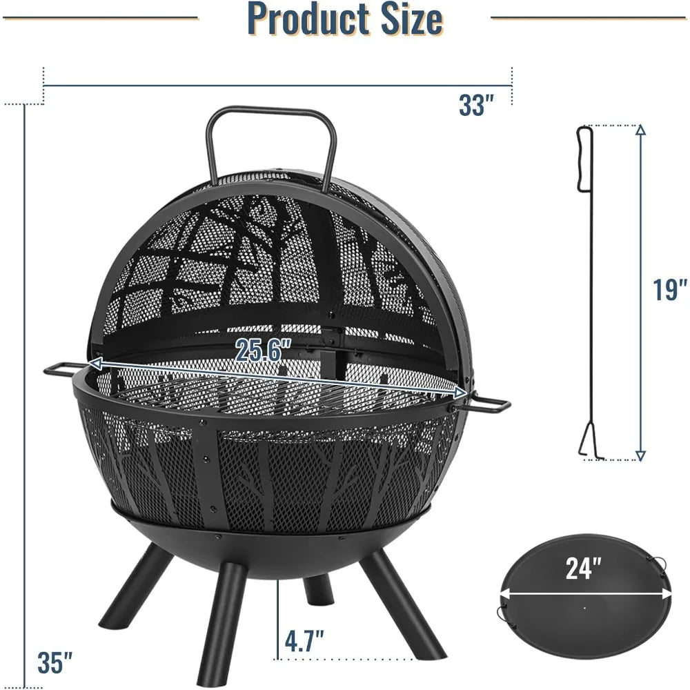 Heavy Duty 35 Inch Outdoor Wood Burning Fire Pit with BBQ Grill, Spark Screen, and Removable Ash Pan for Backyard Entertainment