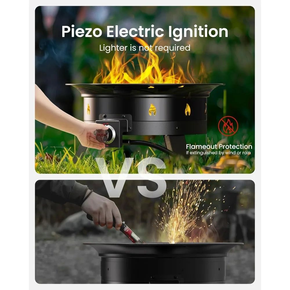 19 Inch Large Outdoor Propane Fire Pit with Grill, Folding Legs, Hose Hooks, Tank Holder, Cover, and Carry Bag