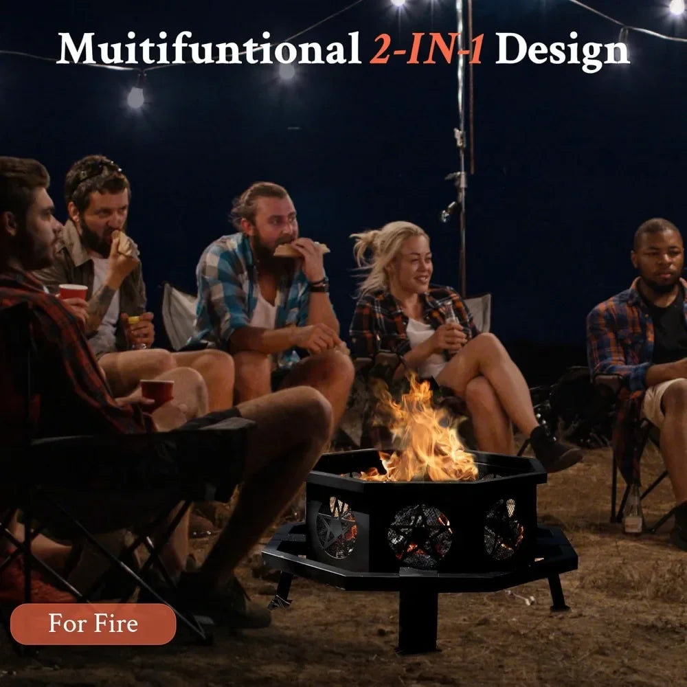 35 Inch Octagonal Fire Pit with Cooking Grill,Outdoor Wood Burning Fire Pit for Camping Outside Picnic Bonfire,