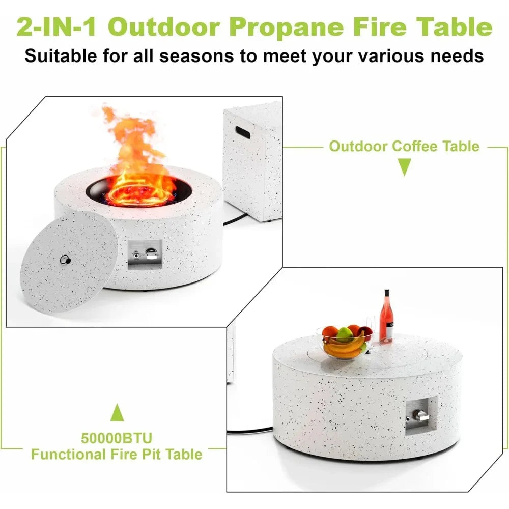 30" Round Propane Fire Pit Table - 50K BTU with Lid, Rocks Tank Storage and Cover - Round Gas Fire Pits for Outside Patio
