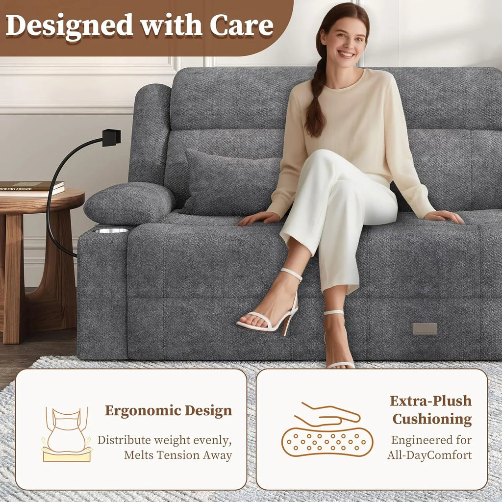 Home Theater Seating，RV Reclining Sofa Set with Adjustable Headrest， Recliner Sofa with Heat and USB&Type-C, Dawer