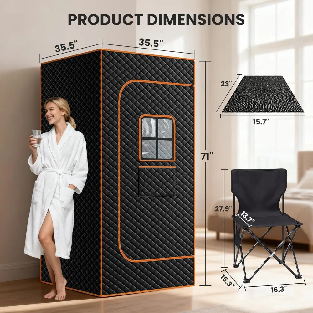 Sauna Box, 1 Person Large Portable Steam Sauna for Home with 3L/1200W Steamer and Folding Chair, 71" H X 35.5" L Heated