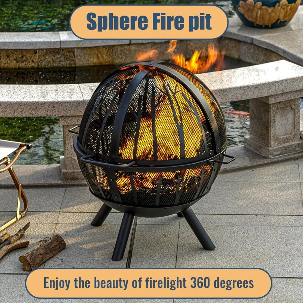 Heavy Duty 35 Inch Outdoor Wood Burning Fire Pit with BBQ Grill, Spark Screen, and Removable Ash Pan for Backyard Entertainment