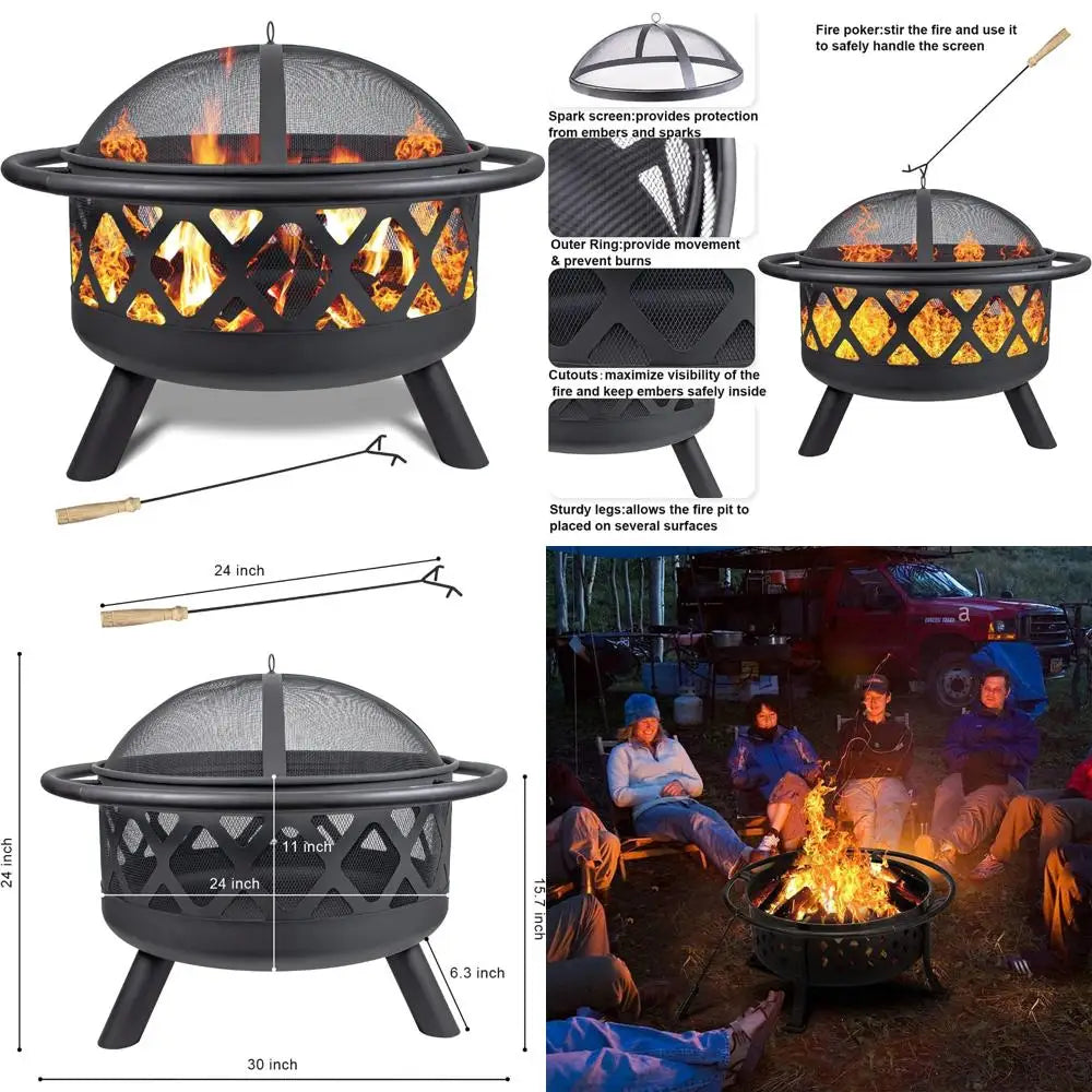 round outdoor 30" wood-burning fire pit with spark screen, log grate, and poker