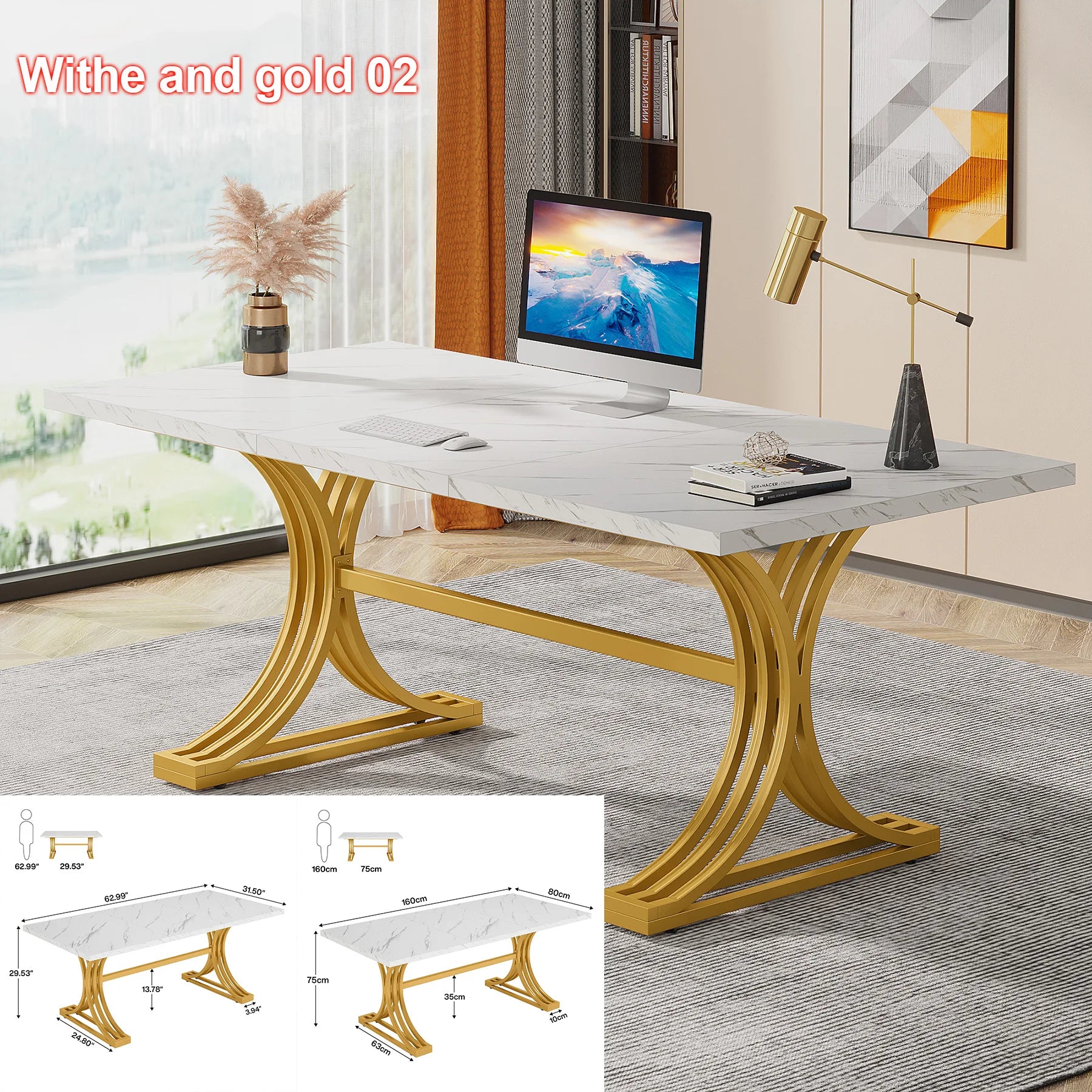 Modern Office Desk, 70.9" Wooden Computer Desk,Executive Desk with Gold Metal Legs, Large Workstation Home Office