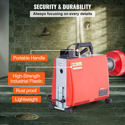 Drain Cleaner Machine 250W Electric Sewer Snake Auger Manual Feed with 7 Cutters 2 Steel Cables CW/CCW Control for Home