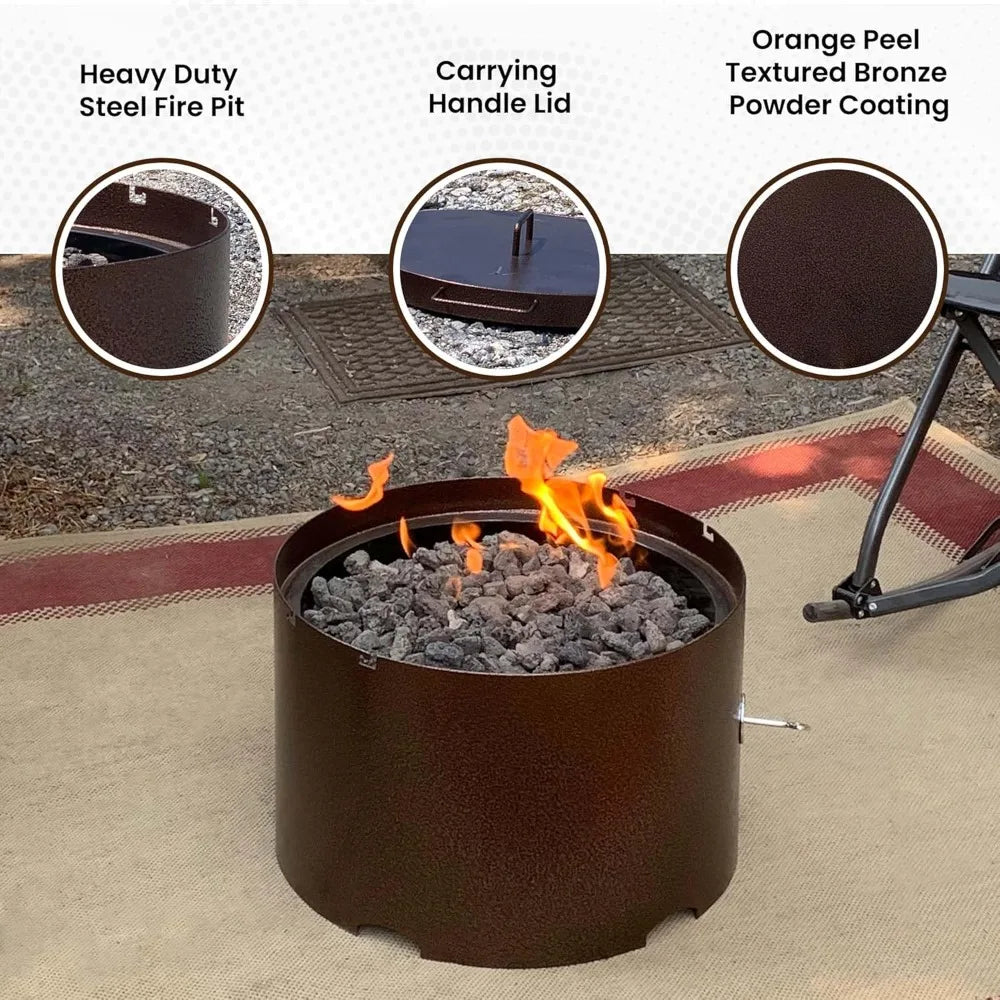 "20" Heavy-Duty Propane Fire Pit - Solid Steel with Lid, Portable for Camping & Outdoor Recreation"