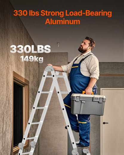 12ft Multi-Purpose Folding Ladder 7-in-1 | Adjustable Aluminum Telescoping A-Frame Step Ladder for Indoor & Outdoor Use
