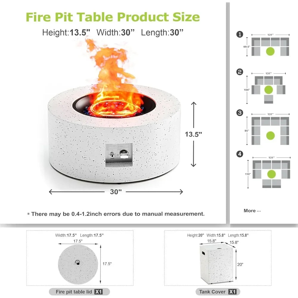 30" Round Propane Fire Pit Table - 50K BTU with Lid, Rocks Tank Storage and Cover - Round Gas Fire Pits for Outside Patio