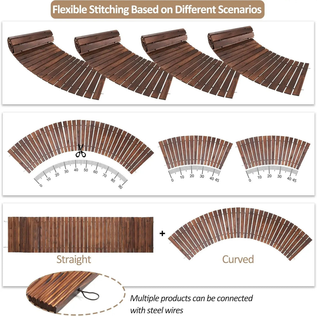 8FT Wooden Garden Pathway Curved Outdoor Walkway Roll Out Cedar Wood Patio Flooring Path Decorative Lawn Patio  (Brown)