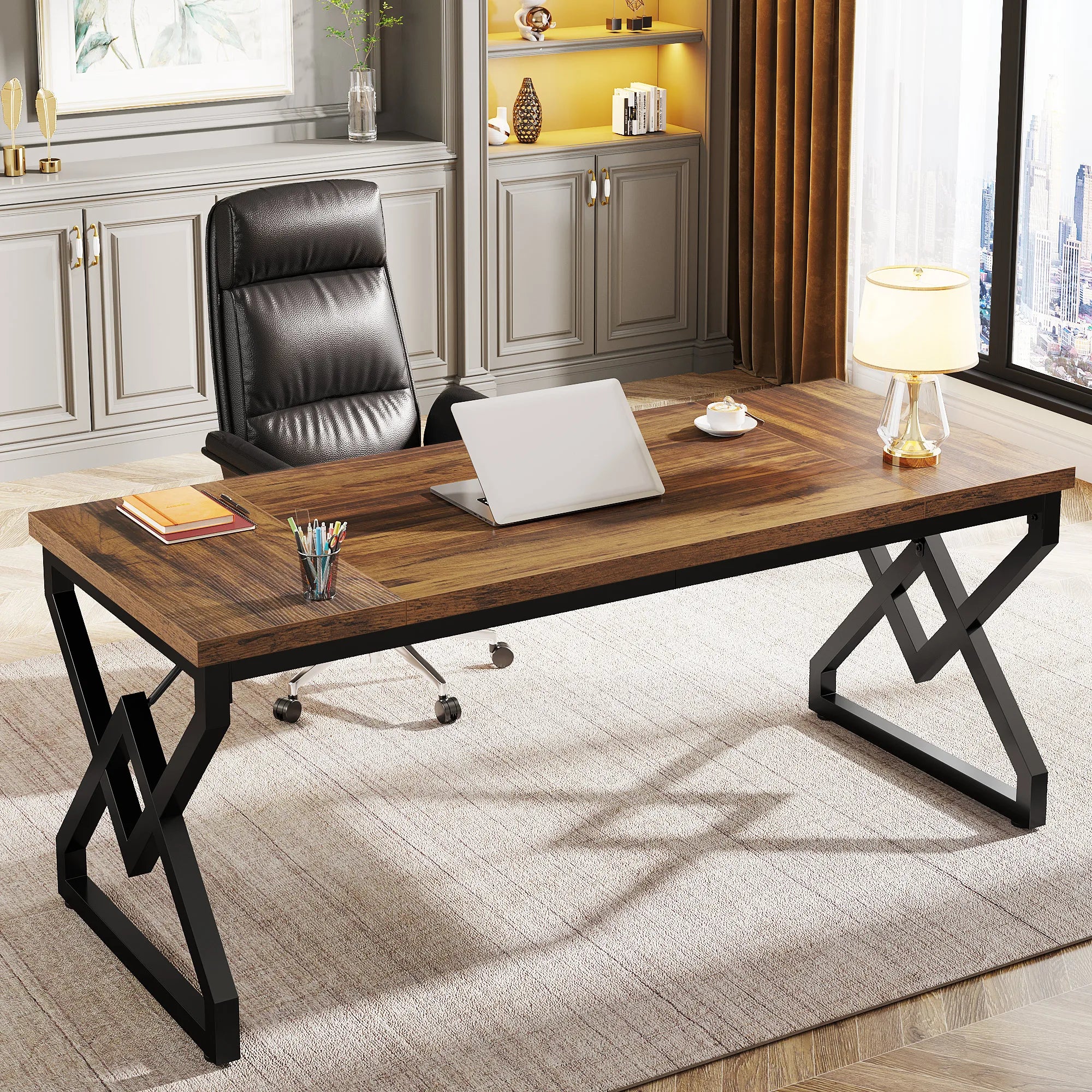 63" Large Industrial Executive Desk with Extra Thickened Tabletop & Metal Frame, Heavy-Duty Home Office Desk