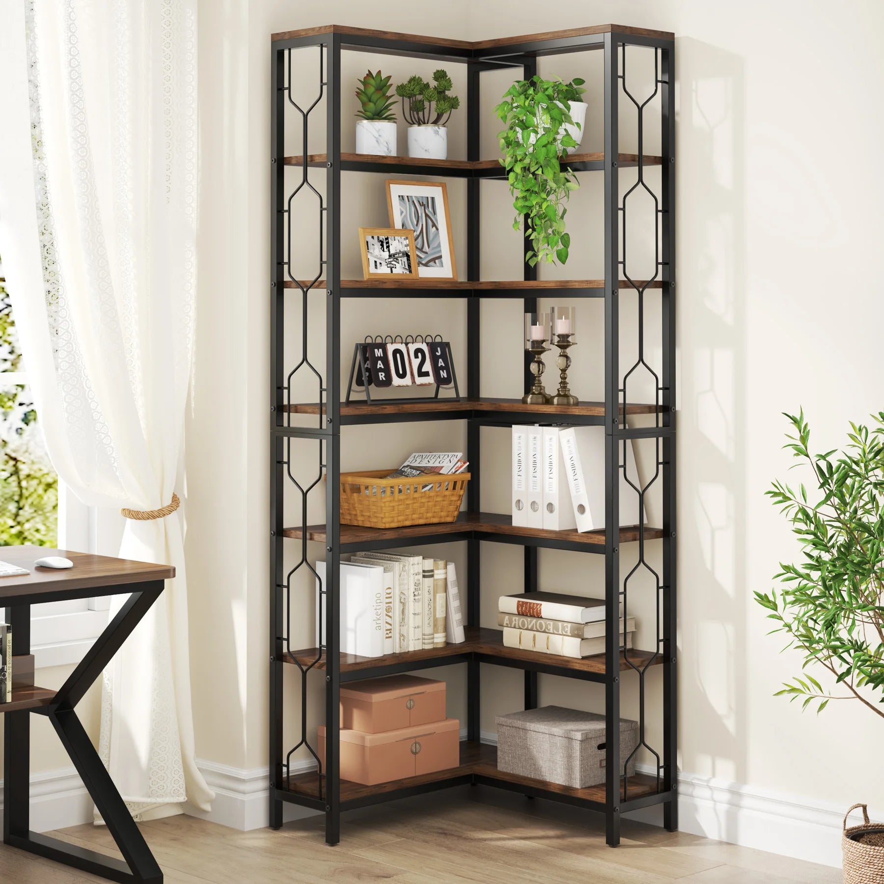 Tribesigns Corner Shelf, 7-Tier Industrial Corner Bookshelf, Wood and Metal Corner Etagere Bookcase, Freestanding Display Shelf