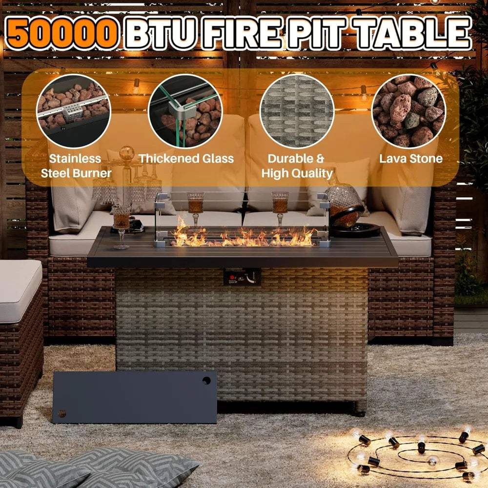Propane Fire Pit Table 50,000 BTU Outdoor Patio Heater with Glass Wind Guard and Lid