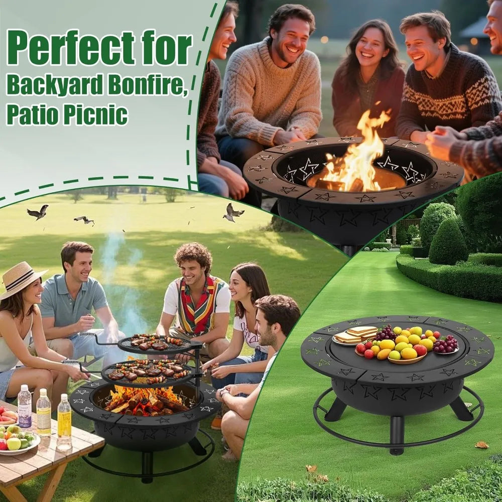 32.5" 3-in-1 Fire Pit Table with Dual Grills – Wood Burning Firepit for Outside Cooking,BBQ Grate & Round Patio Table – Includes