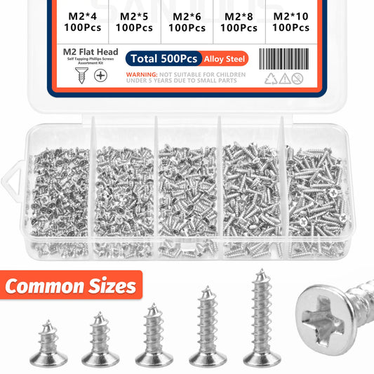 500pcs M2 Self-Tapping Screws Kit – Flat Head Phillips Drive, 5 Sizes, Alloy Steel for Wood & DIY Projects