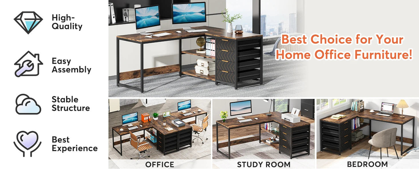 Tribesigns L Shaped Computer Desk with Storage Drawers, 59 inch Corner Desk with Shelves, Reversible L-Shaped Office Desk Study