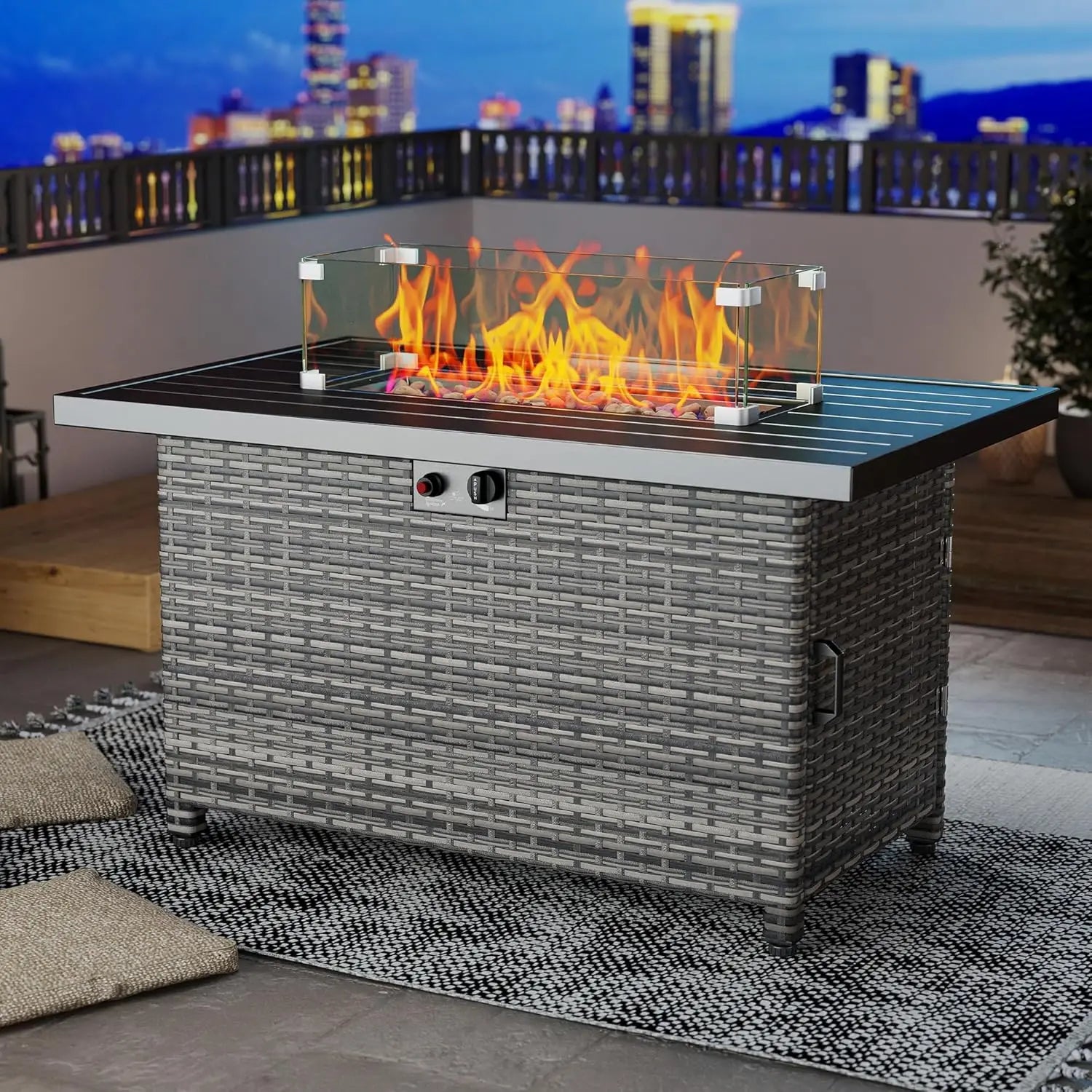 44 Inch Propane Fire Pit, 50000 BTU Fire Pit Table with Glass Wind Guard and Lid, Gas Fire Pits for Outside Patio and Garden