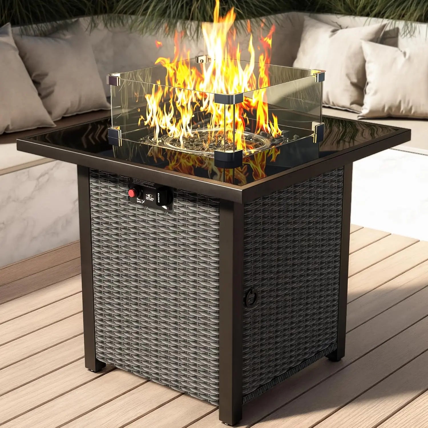 Propane Outdoor Fire Pit Table, 28" Rattan Square Fire Pit Table, Outdoor Gas FirePit W/Glass Wind Guard,Tempered Glass Tabletop