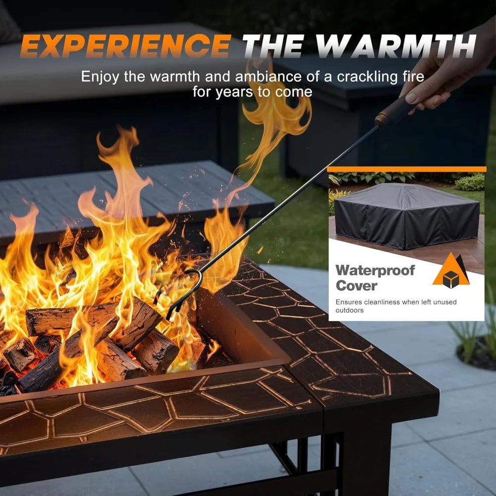 32" metal outdoor fire pit table with waterproof cover for patio and camping (bronze)