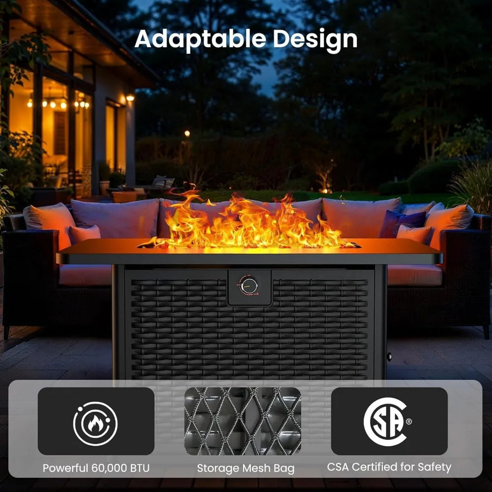 Rectangular Propane Fire Pit Table - 60,000 BTU, 2-in-1 Design, 304 Stainless Steel H-Burner, Included Cover & Lava Rocks