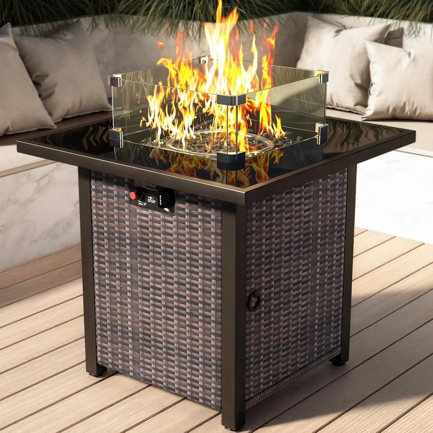 Propane Outdoor Fire Pit Table, 28" Rattan Square Fire Pit Table, Outdoor Gas FirePit W/Glass Wind Guard,Tempered Glass Tabletop