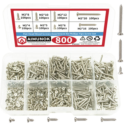 800PCS M2 Self-Tapping Screws & Lock Nut Assortment Kit – Flat Head Carbon Steel Phillips Drive for Wood & Metal