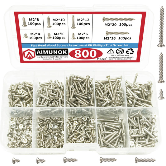 800PCS M2 Self-Tapping Screws & Lock Nut Assortment Kit – Flat Head Carbon Steel Phillips Drive for Wood & Metal