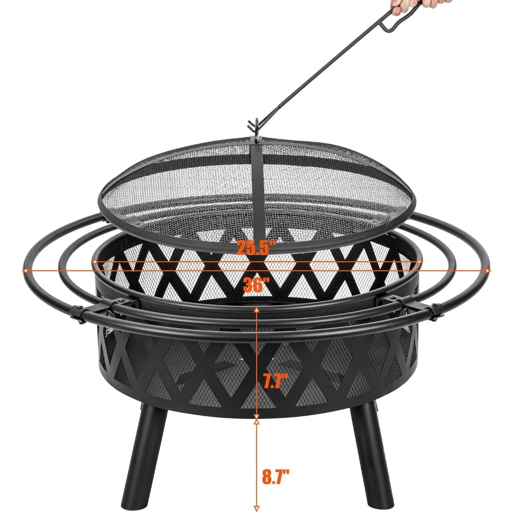 36 Inch Wood Burning Fire Pit with 2 Loops, Outdoor Fire Pit with Spark Screen & Fire Poker, Cross Weave Firepit