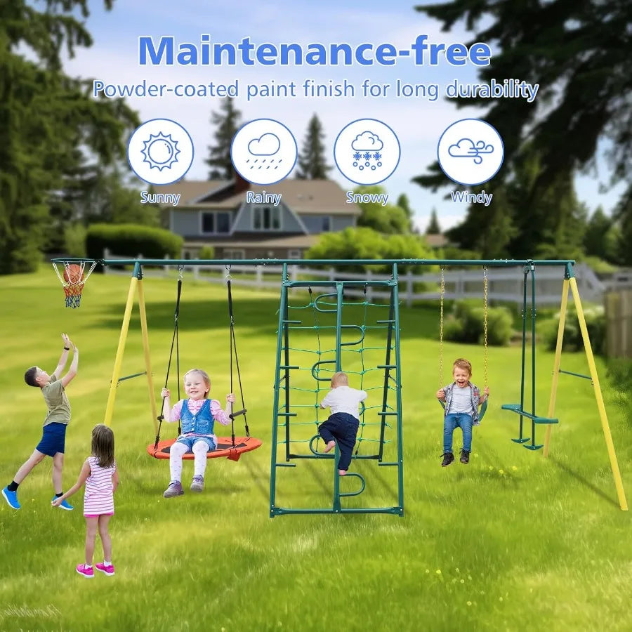 6 in 1 Heavy Duty Swing Set for Backyard Outdoor Play with Saucer Swing Climbing Frame and Net Glider Belt Swings Basketball Ri