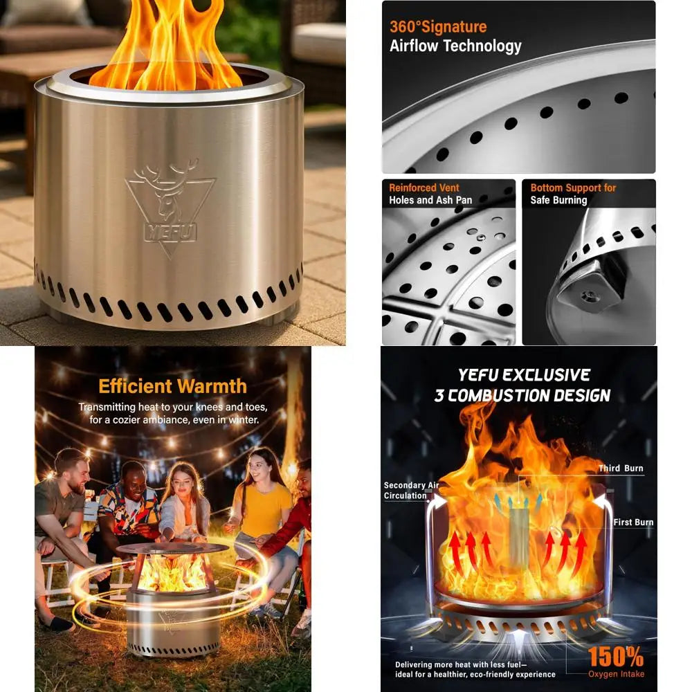 Portable outdoor fire pit with removable ash pan - 304 stainless steel, smokeless, 15" silver