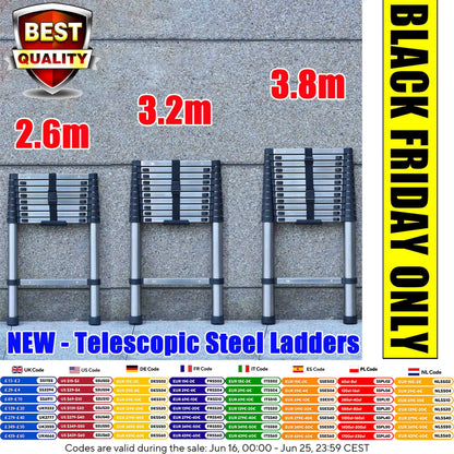 Stainless Steel Telescopic Ladder 2.6M–5M – Heavy Duty Folding Extension Ladder for Home & Loft Use