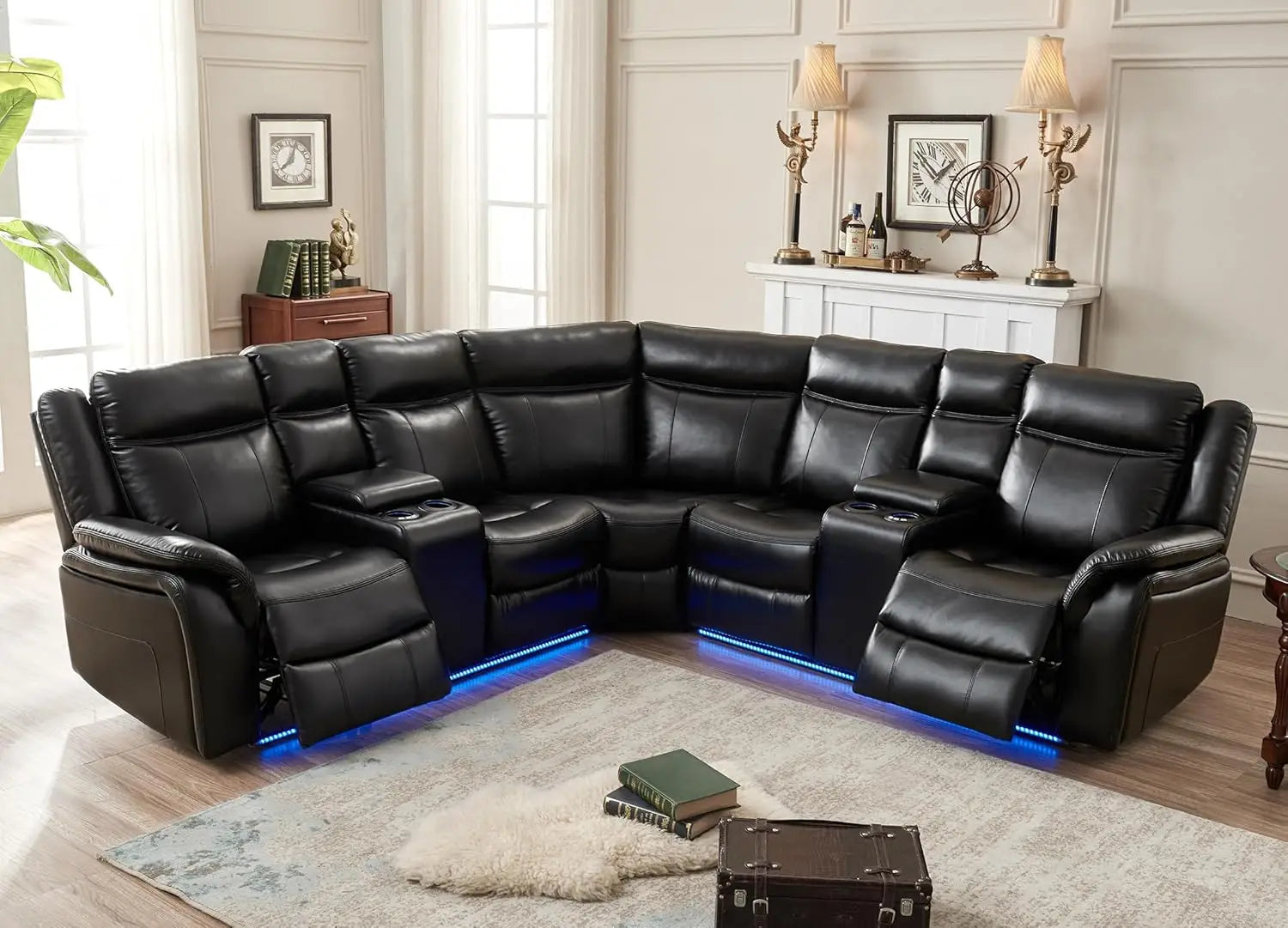 Power Recliner Sectional Sofa with LED Lights, USB, Cup Holders Storage Console Faux Leather Wall Hugger Living Room Couch