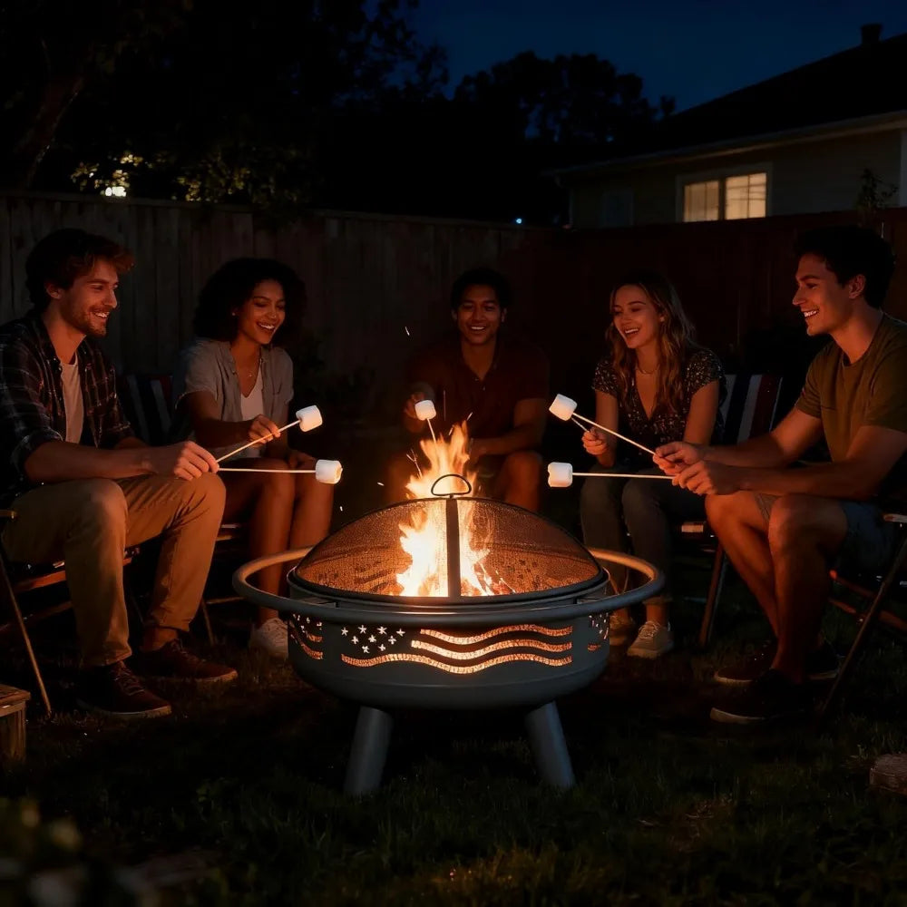 Flag Fire Pit with Mesh Cover & Poker - Round Metal Wood Burning Outdoor Firepit for Patio - ( Garden Backyard)