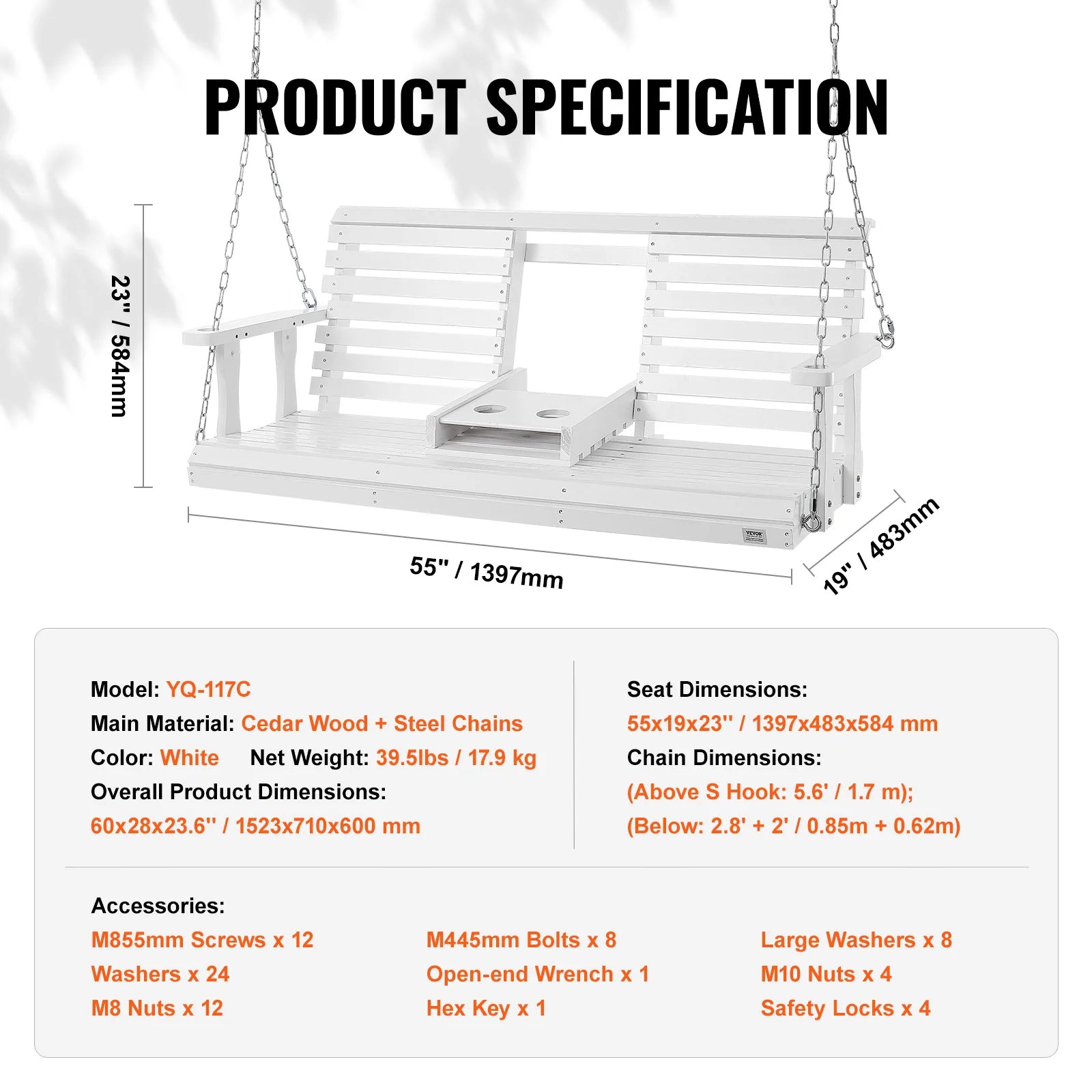 Wooden Porch Swing 5 ft Patio bench swing for Courtyard Garden Upgraded 880 lbs Strong Load Capacity Swing Chair Bench