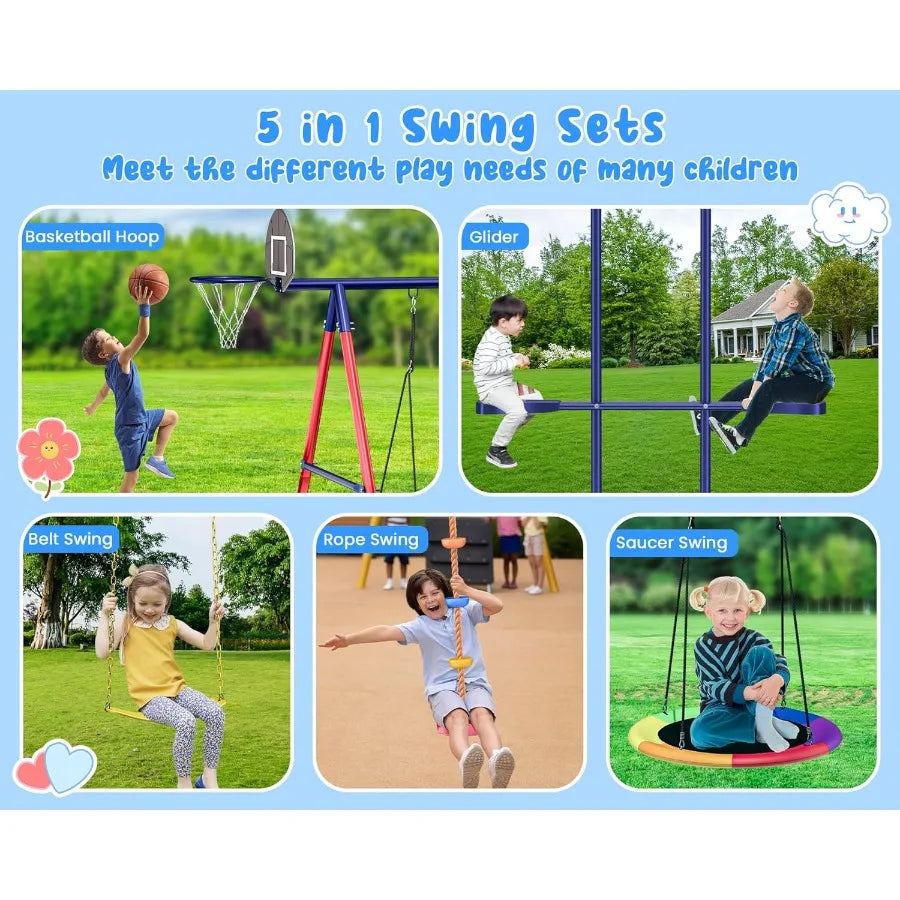 5 in 1 HeavyDuty Metal Swing Set for Backyard Outdoor Play for Aged 312 Featuring Saucer Swing Rope Swing Glider and Basketball