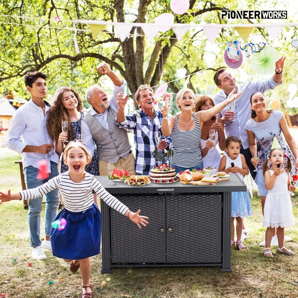 44 Inch Propane Outdoor Fire Pit Table, 50000BTU Rectangle Double Door Fire Table with Cover & Rain Cover, Add Warmth