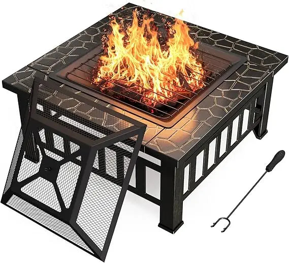 32" metal outdoor fire pit table with waterproof cover for patio and camping (bronze)